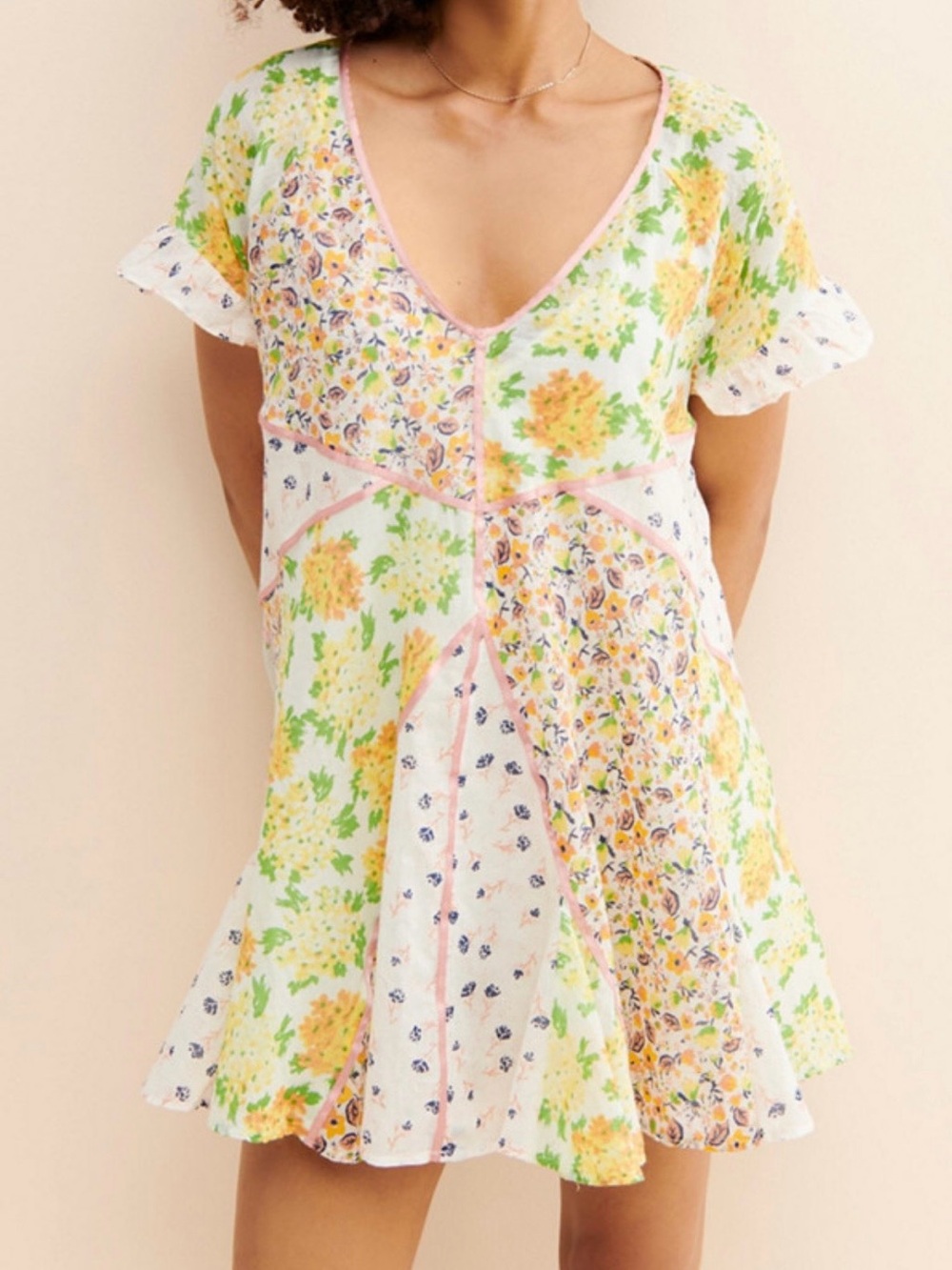 Free People Ivory Wildflower Patchwork Boho Peasant Mini Dress size S